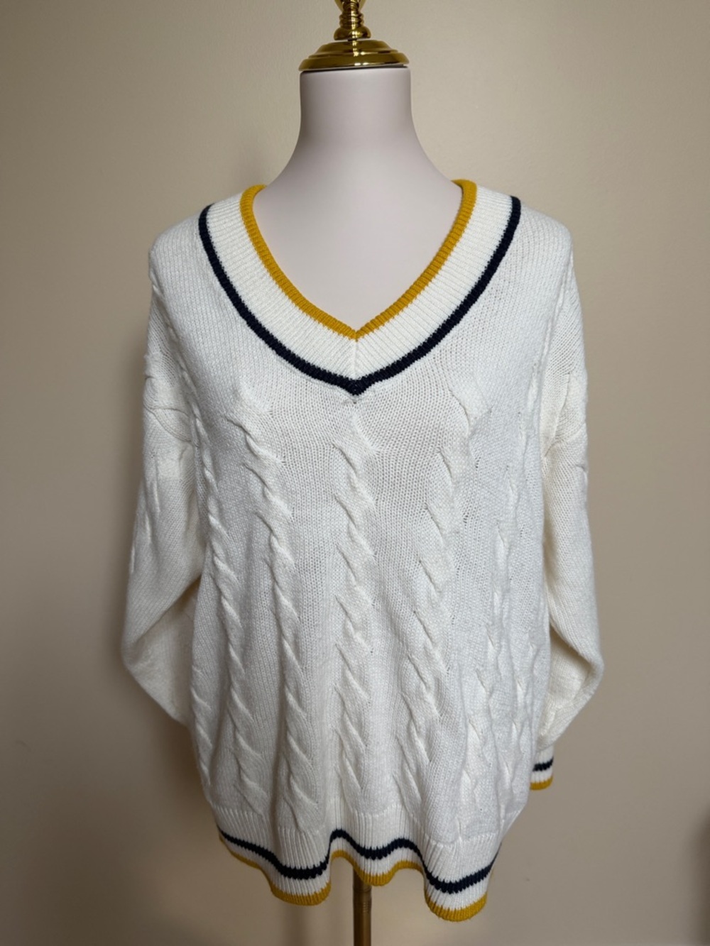 H&M Divided Cream Cable Knit V Neck Varsity Sweater Navy Gold Trim Size S